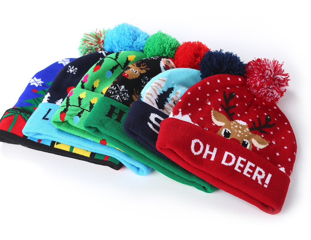 Cross-Border Autumn and Winter Fashion Christmas LED Lights Knitted Hat Colored Lights Party Warm Adult with Ball Hat Wholesale Cross-Border Autumn and Winter Fashion Christmas LED Lights Knitted Hat Colored Lights Party Warm Adult with Ball Hat Wholesale