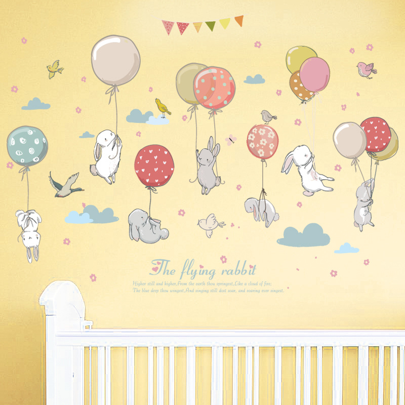 Colorful Balloon Pattern Cute Rabbit Combination Children&#039;s Room Wardrobe Kindergarten Decoration Cartoon Removable Wall Sticker