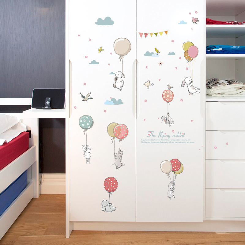 Colorful Balloon Pattern Cute Rabbit Combination Children&#039;s Room Wardrobe Kindergarten Decoration Cartoon Removable Wall Sticker