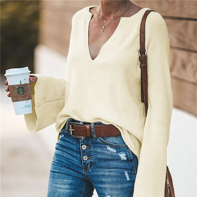 Amazon hot style sweater, v-neck, trumpet sleeve sweater