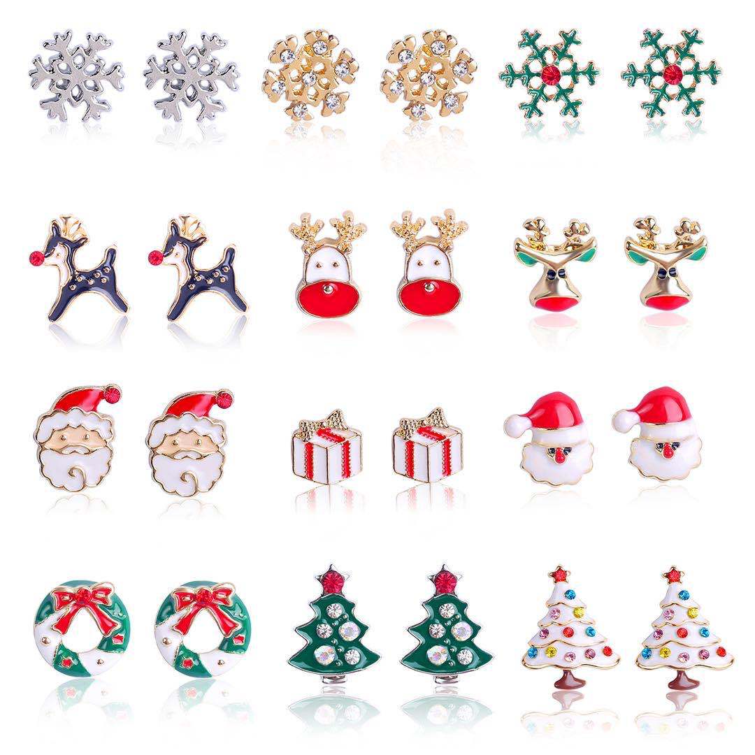 Cross-Border New Christmas Earrings Diamond Snowflake Bell Christmas Tree Ear Rings European And American Christmas Earrings Set