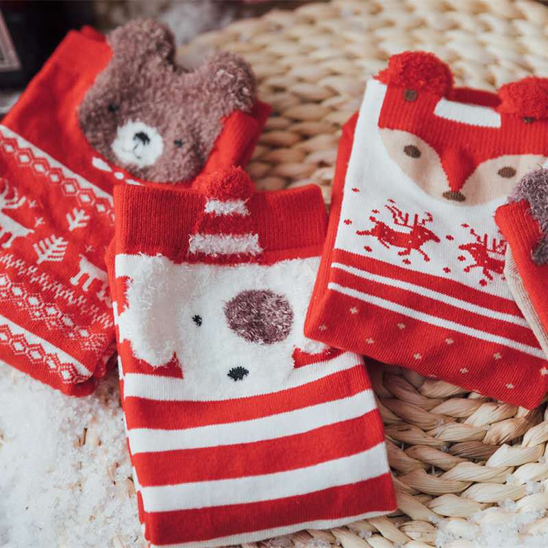 Cross-Border Autumn and Winter New Christmas Stockings Boxed Cartoon Cute Mid-Calf Length Socks Female Cotton Socks Red Christmas Stockings Gift Box