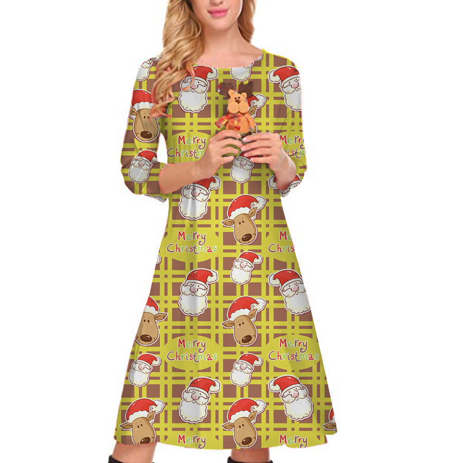 Amazon Hot Sale Christmas Printed Dress Autumn and Winter New European and American Women's Clothing round Neck 3/4 Sleeves Loose Skirt