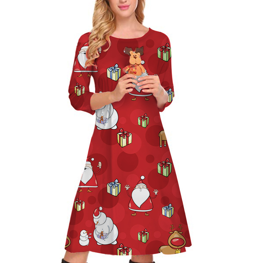 Amazon Hot Sale Christmas Printed Dress Autumn and Winter New European and American Women's Clothing round Neck 3/4 Sleeves Loose Skirt