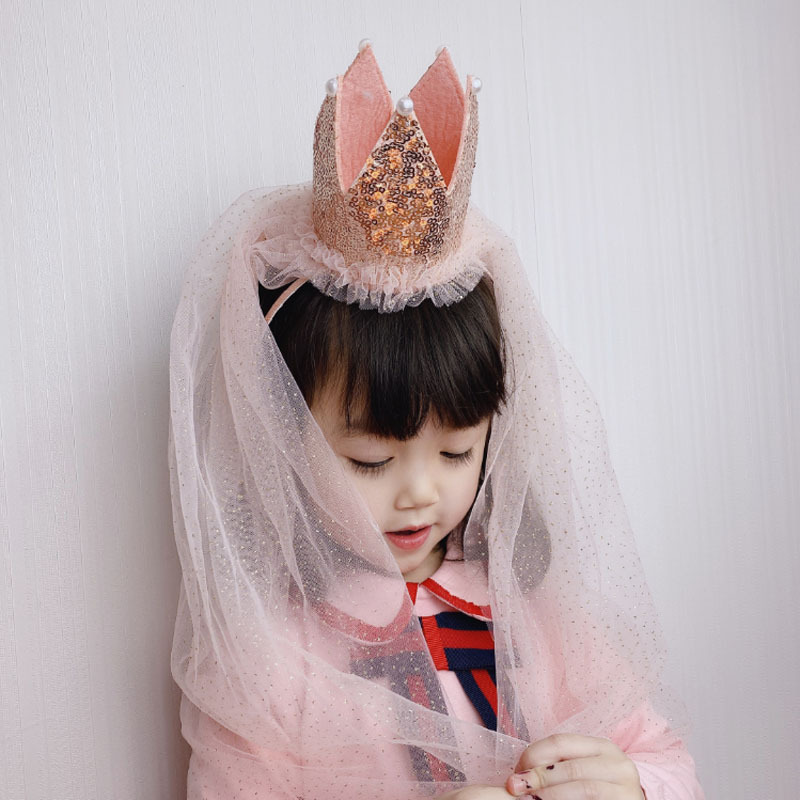 Children&#039;s Sequined Big Crown Flower Girl Veil Baby Headdress Birthday Mesh Headband Girls&#039; Hairband Hair Accessories Wholesale