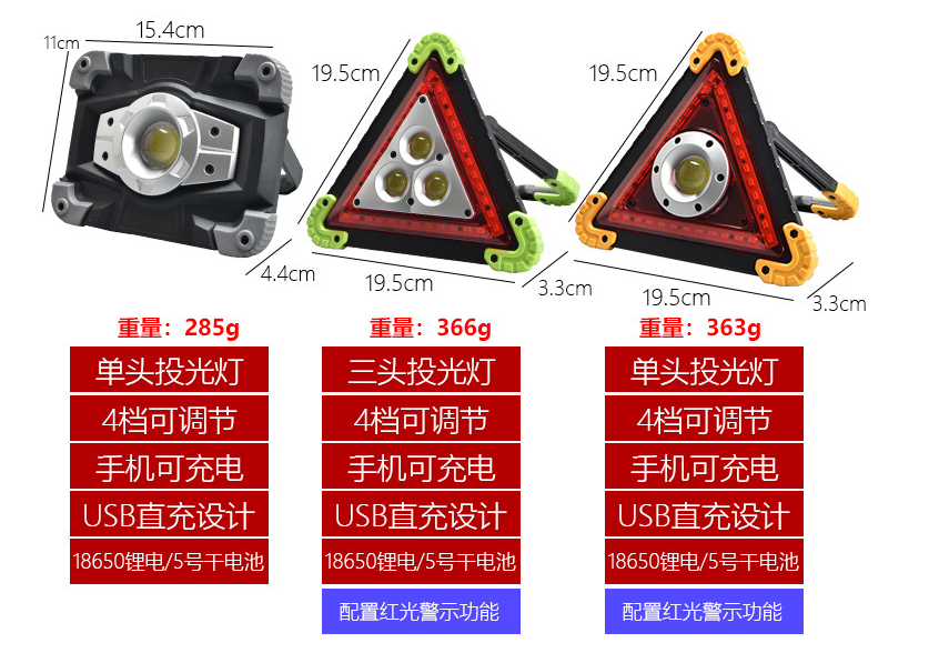 Triangle Flood Light Car Red Light Warning Floodlight Cob Led USB Portable Rechargeable Light Wholesale