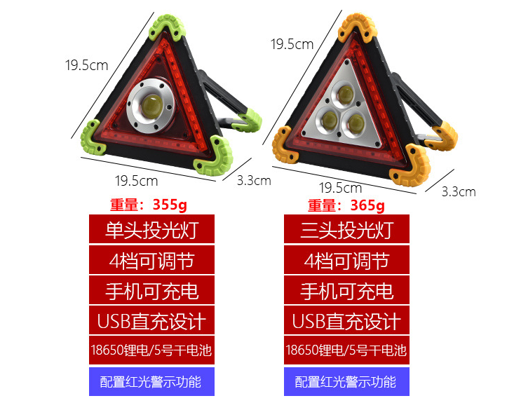 Triangle Flood Light Car Red Light Warning Floodlight Cob Led USB Portable Rechargeable Light Wholesale
