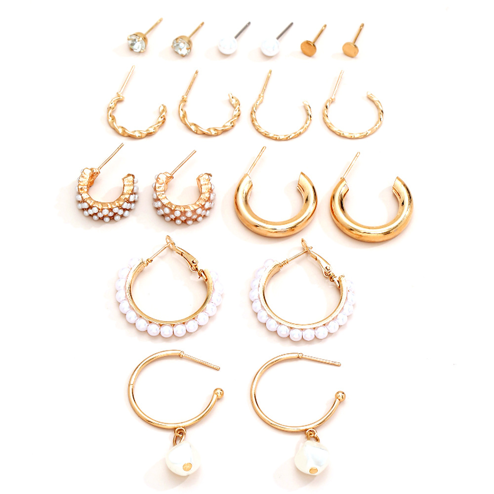 Europe and America Cross Border Bohemian Earrings Exaggerated C- Shaped Temperament Pearl Pendant Earrings Triangle Diamond 9-Piece Set ·