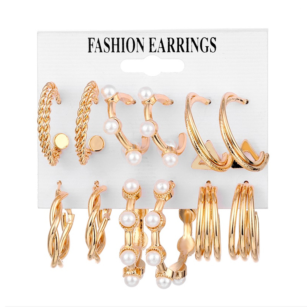 Europe and America Cross Border Bohemian Earrings Exaggerated C- Shaped Temperament Pearl Pendant Earrings Triangle Diamond 9-Piece Set ·