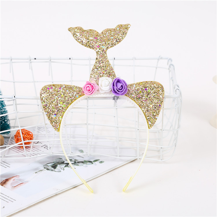 Korean-Style Creative Cute Glittering Powder Fish Tail Cat Ears Flower Headband Children&#039;s Party Performance Princess Headdress Wholesale