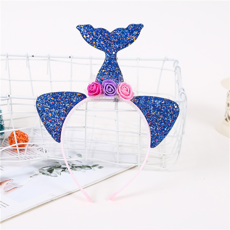 Korean-Style Creative Cute Glittering Powder Fish Tail Cat Ears Flower Headband Children&#039;s Party Performance Princess Headdress Wholesale
