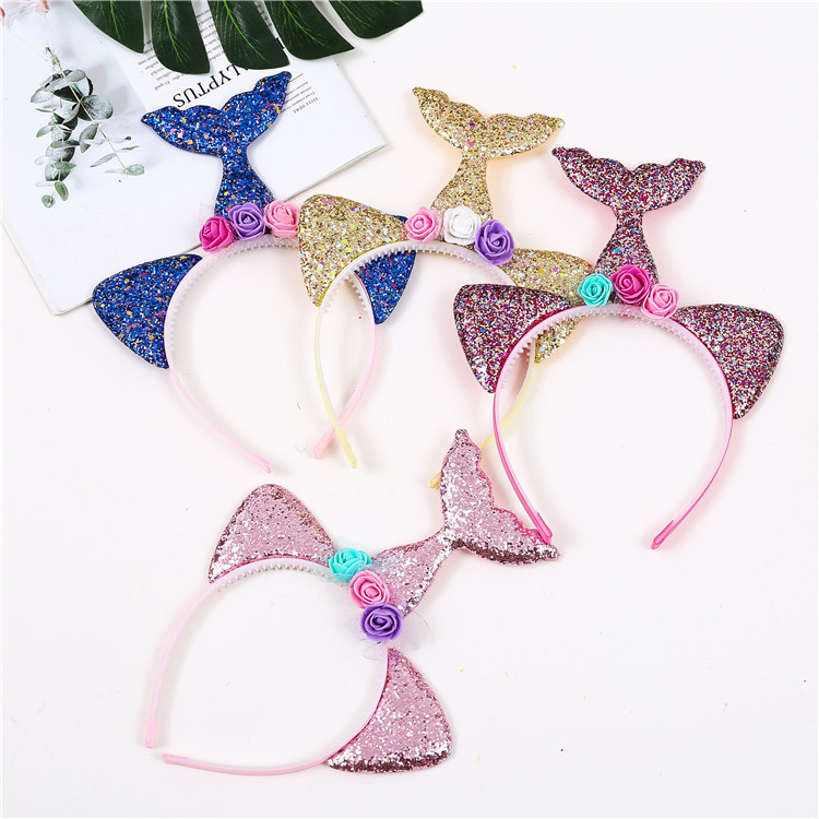 Korean-Style Creative Cute Glittering Powder Fish Tail Cat Ears Flower Headband Children&#039;s Party Performance Princess Headdress Wholesale
