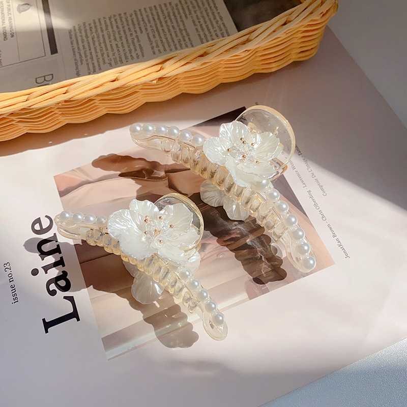 Pearl Flower Hair Jaw Clip Large Hair Clip Back Head Female Temperament Shark Clip Design Sense Internet Celebrity Hair Clip Headdress Summer