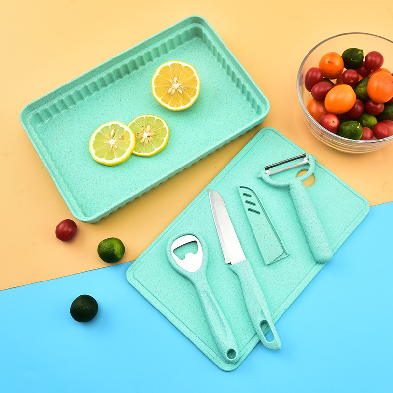 Wheat Cutting Board Fruit Plate Home Chopping Board Cutting Board Fruit Knife Paring Knife Bottle Opener 5-Piece Set Peeler Apple Peeler
