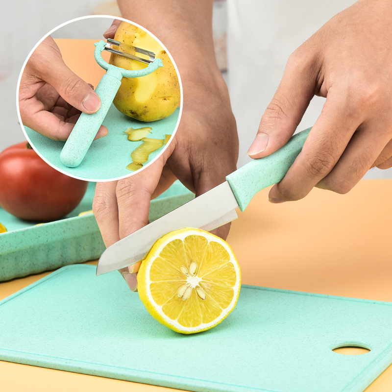 Wheat Cutting Board Fruit Plate Home Chopping Board Cutting Board Fruit Knife Paring Knife Bottle Opener 5-Piece Set Peeler Apple Peeler