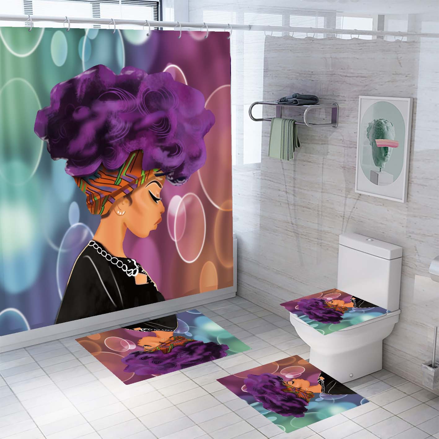 New African Girl Shower Curtain Carpet Four-Piece Bathroom Non-Slip Mat Set Modern Style