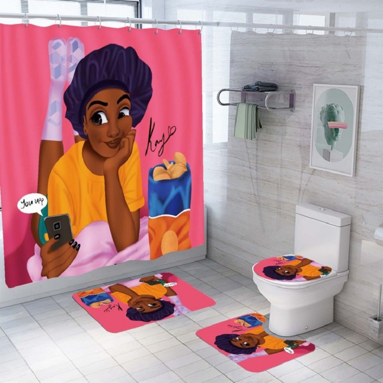 New African Girl Shower Curtain Carpet Four-Piece Bathroom Non-Slip Mat Set Modern Style New African Girl Shower Curtain Carpet Four-Piece Bathroom Non-Slip Mat Set Modern Style