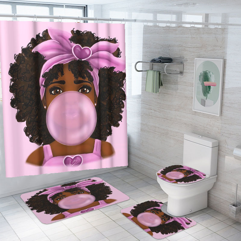 Amazon Hot Sale African Girl Bathroom Four-Piece Set Digital Printing Bathroom Carpet Shower Curtain Absorbent Non-Slip Floor Mat