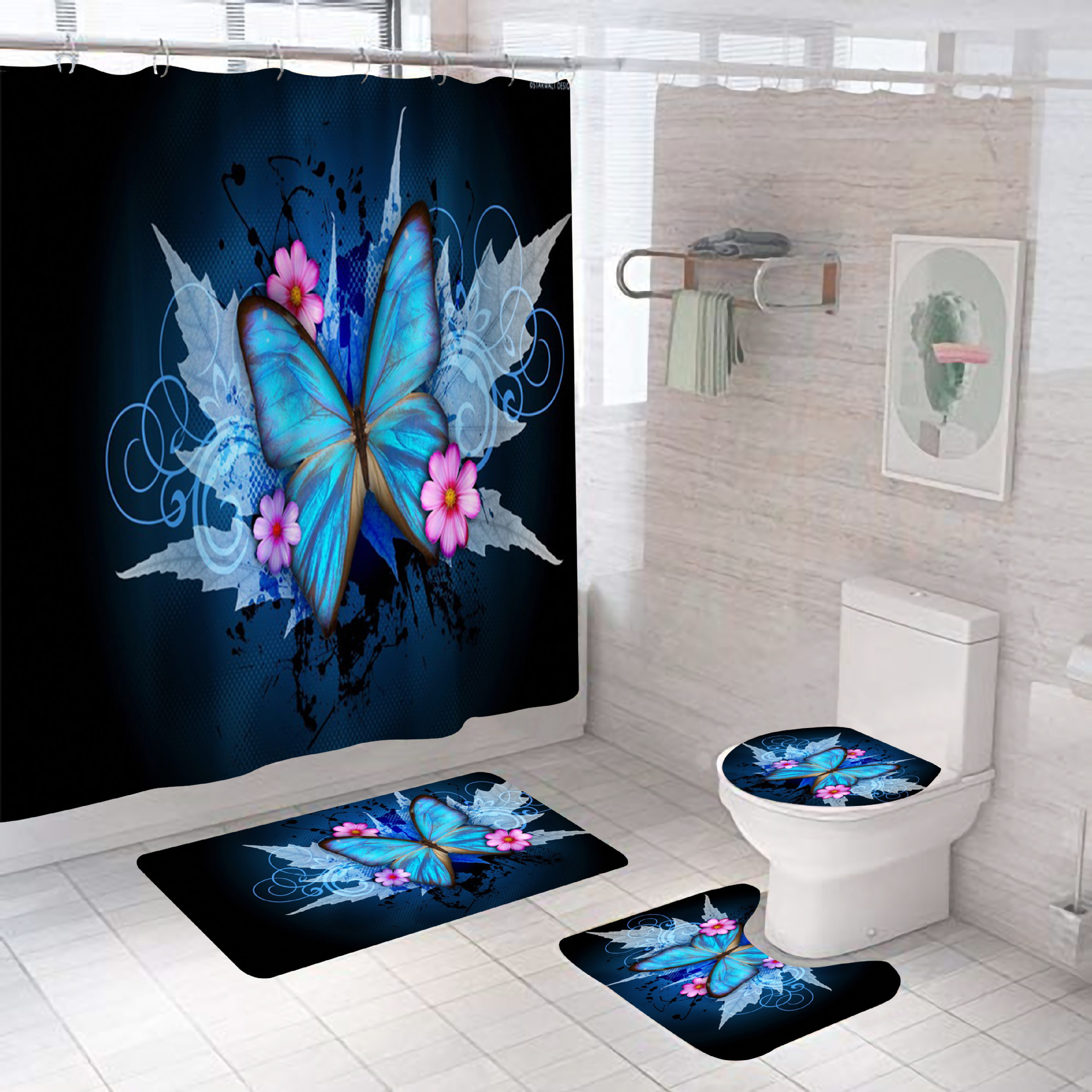 Amazon Hot Sale African Girl Bathroom Four-Piece Set Digital Printing Bathroom Carpet Shower Curtain Absorbent Non-Slip Floor Mat
