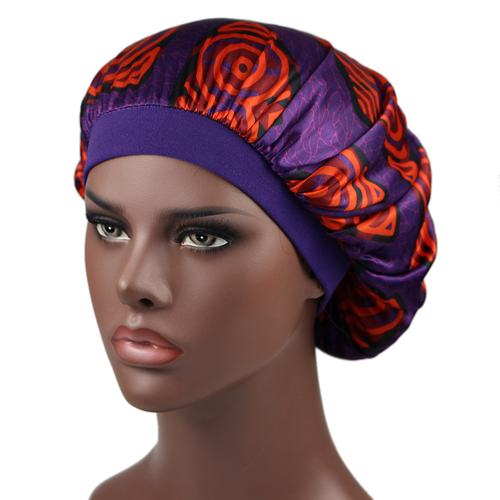 European and American Popular African Special Printing Satin Nightcap Elastic Wide Brim round Cap Beauty Shower Cap