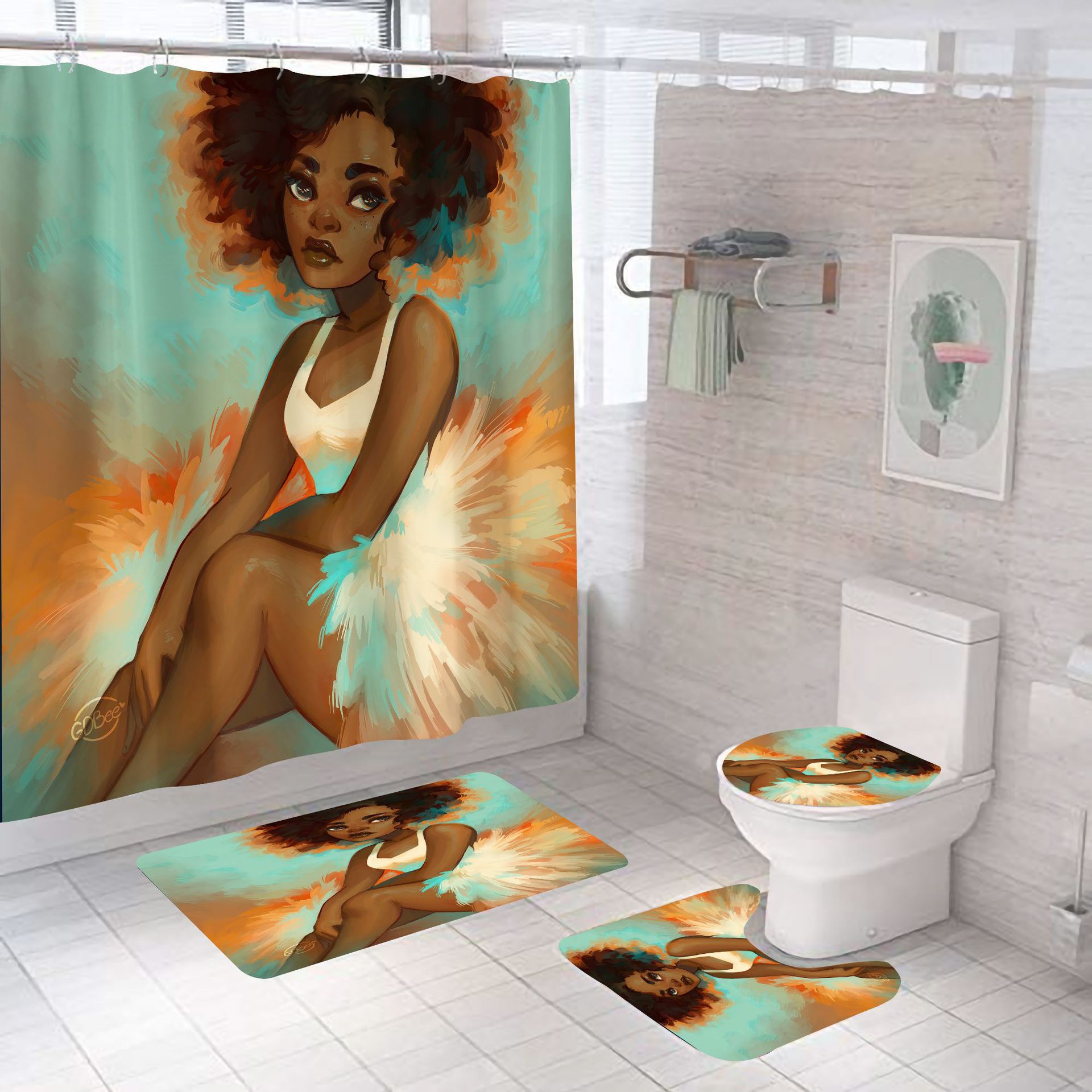 Cross-Border Supply 3D Digital Printing Light Green African Women's Head Series Waterproof Shower Curtain Polyester Four-Piece Suit Cross-Border Supply 3D Digital Printing Light Green African Women's Head Series Waterproof Shower Curtain Polyester Four-Piece Suit