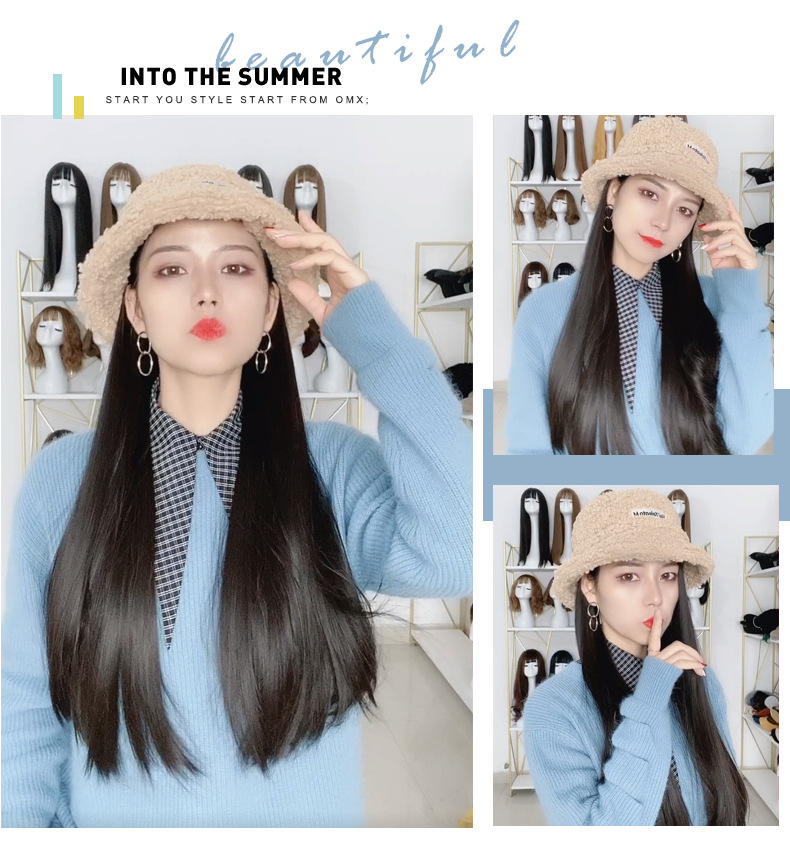Bucket Hat Wig Hat Integrated Women's Autumn and Winter Fashion Female Online Influencer Small Curls Long Hair Full-Head Wig Long Curly Hair
