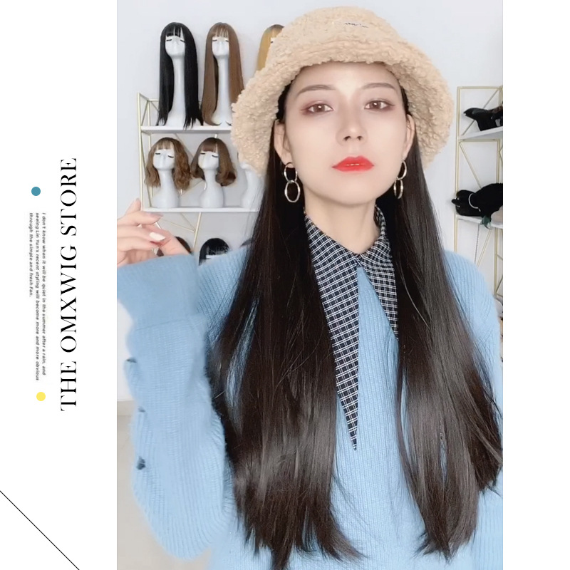 Bucket Hat Wig Hat Integrated Women's Autumn and Winter Fashion Female Online Influencer Small Curls Long Hair Full-Head Wig Long Curly Hair