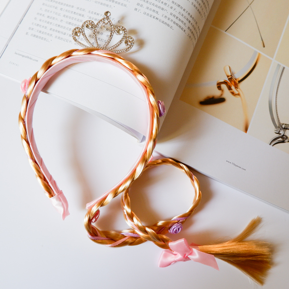 Golden Wig Children&#039;s Braid Headband Little Princess Alloy Crown Diamond-Embedded Fairy Tale Style Headband Little Fairy Hair Accessories