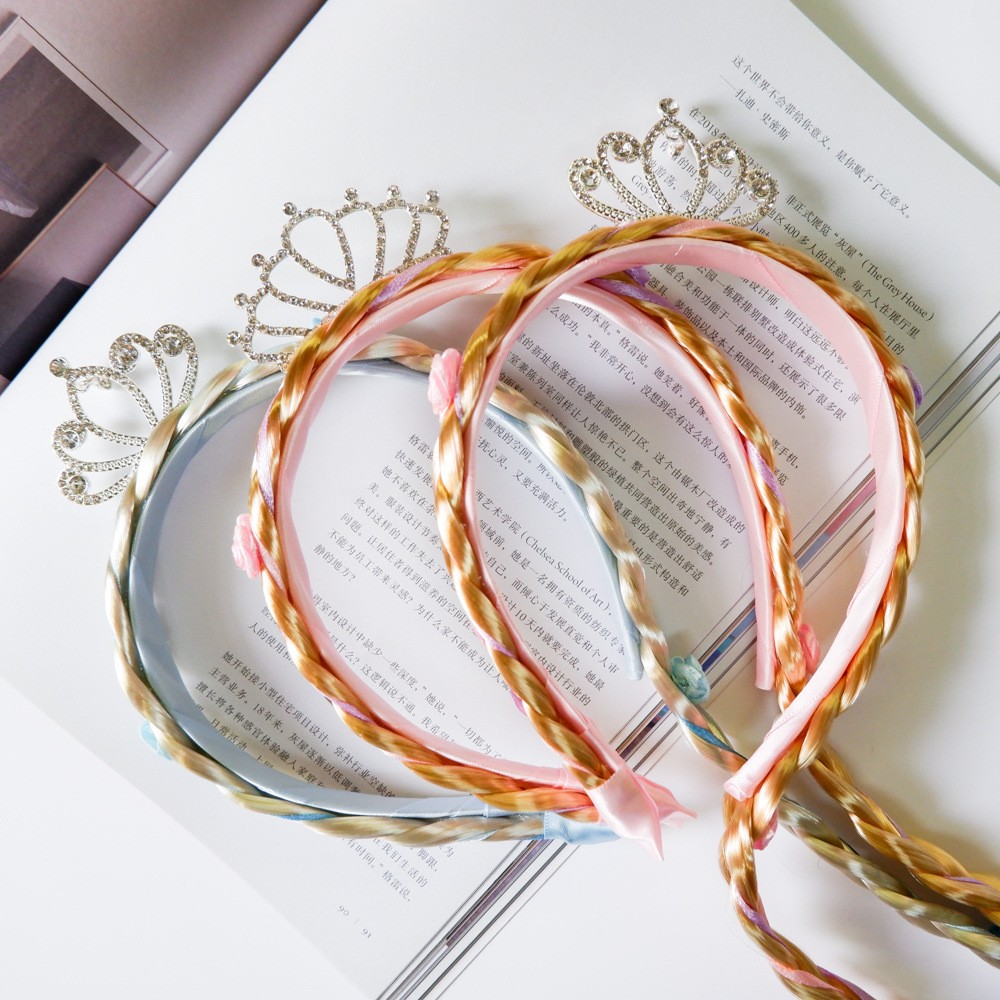 Golden Wig Children's Braid Headband Little Princess Alloy Crown Diamond-Embedded Fairy Tale Style Headband Little Fairy Hair Accessories Golden Wig Children's Braid Headband Little Princess Alloy Crown Diamond-Embedded Fairy Tale Style Headband Little Fairy Hair Accessories