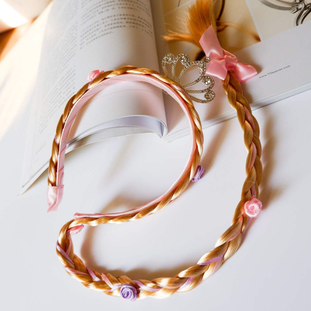 Golden Wig Children's Braid Headband Little Princess Alloy Crown Diamond-Embedded Fairy Tale Style Headband Little Fairy Hair Accessories Golden Wig Children's Braid Headband Little Princess Alloy Crown Diamond-Embedded Fairy Tale Style Headband Little Fairy Hair Accessories