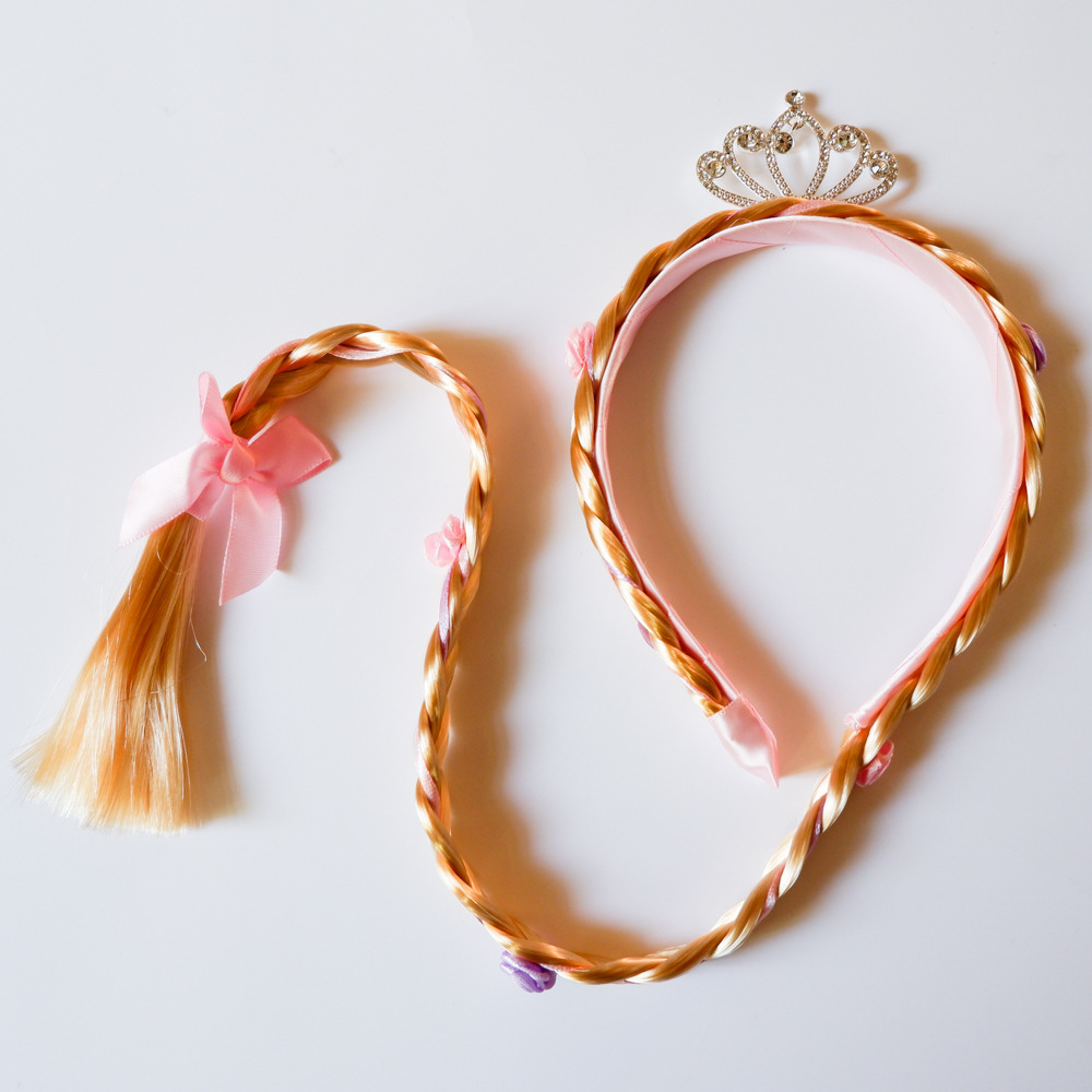 Golden Wig Children's Braid Headband Little Princess Alloy Crown Diamond-Embedded Fairy Tale Style Headband Little Fairy Hair Accessories Golden Wig Children's Braid Headband Little Princess Alloy Crown Diamond-Embedded Fairy Tale Style Headband Little Fairy Hair Accessories