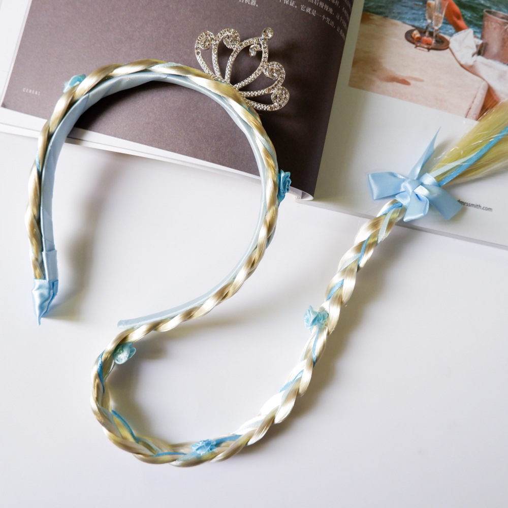 Golden Wig Children's Braid Headband Little Princess Alloy Crown Diamond-Embedded Fairy Tale Style Headband Little Fairy Hair Accessories Golden Wig Children's Braid Headband Little Princess Alloy Crown Diamond-Embedded Fairy Tale Style Headband Little Fairy Hair Accessories