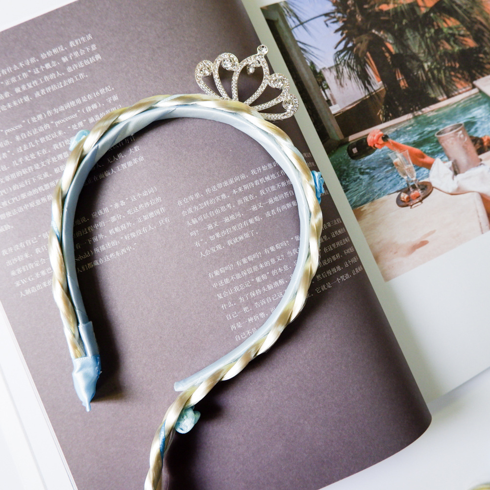 Golden Wig Children's Braid Headband Little Princess Alloy Crown Diamond-Embedded Fairy Tale Style Headband Little Fairy Hair Accessories Golden Wig Children's Braid Headband Little Princess Alloy Crown Diamond-Embedded Fairy Tale Style Headband Little Fairy Hair Accessories