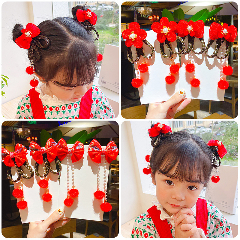 Little Girl&#039;s New Year Headdress Red Bow Wig Braid Hair Ball Tassel Hairpin Children&#039;s New Year Hairpin Hair Ornaments
