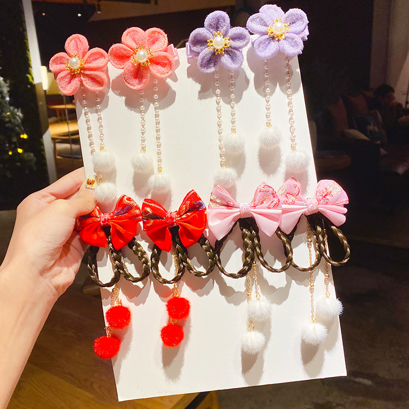 Little Girl&#039;s New Year Headdress Red Bow Wig Braid Hair Ball Tassel Hairpin Children&#039;s New Year Hairpin Hair Ornaments
