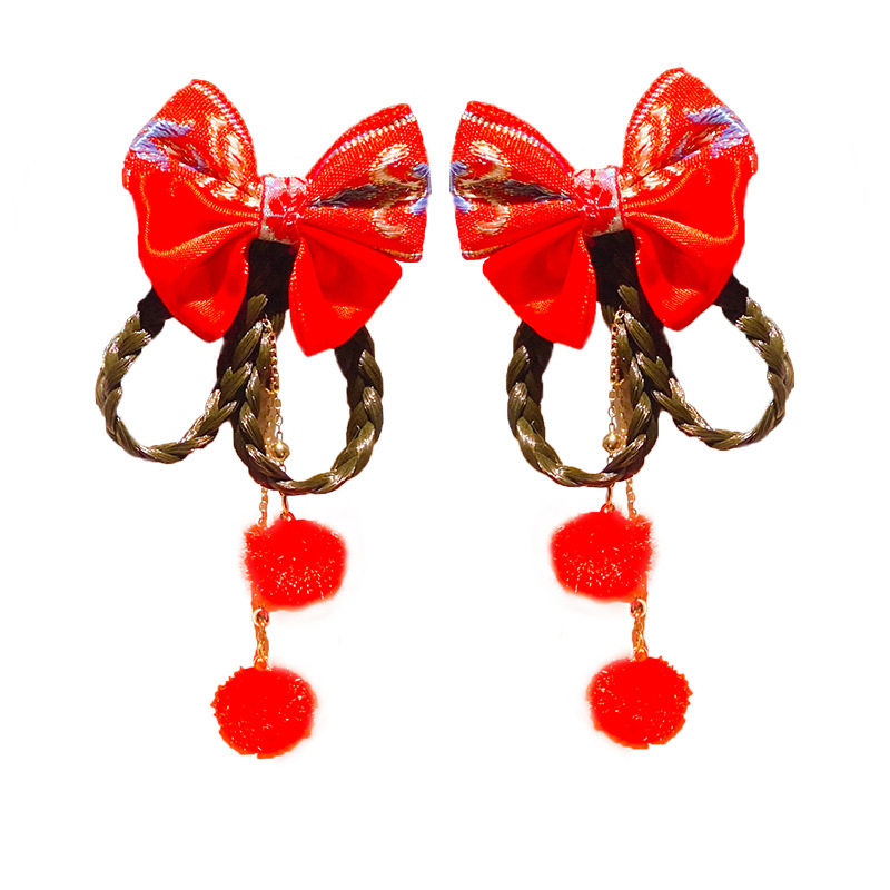 Little Girl&#039;s New Year Headdress Red Bow Wig Braid Hair Ball Tassel Hairpin Children&#039;s New Year Hairpin Hair Ornaments