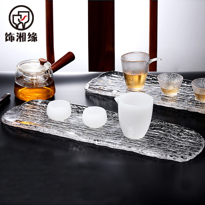 Crystal Tree Pattern Glass Large Tea Tray Teapot Tray Hotel Snack Sushi Plate Japanese and Korean Cuisine Plate Tray