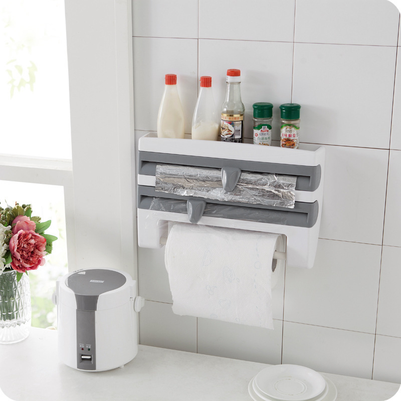 Multifunctional Plastic Wrap Cutter Wall Hanging Kitchen Towel Rack Slip Knife Type Tin Foil Cutter Box Storage Rack