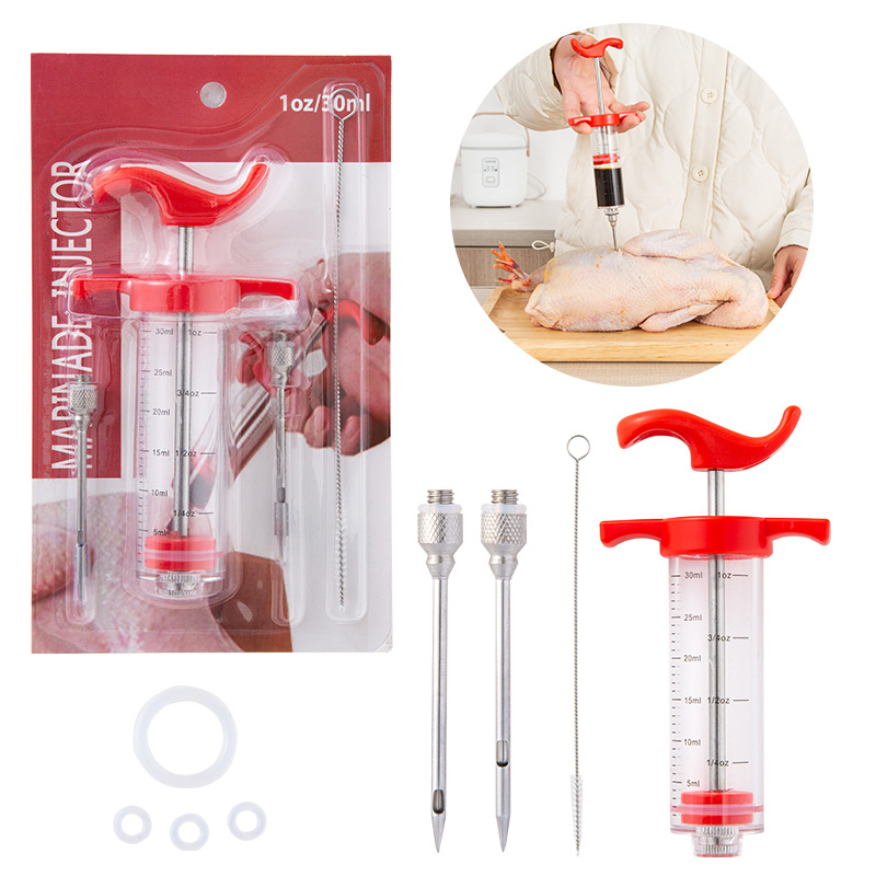 Plastic Seasoning Syringe Stainless Steel Turkey Needle 30ml 2 Needle Suction Card Seasoning Barbecue Tool BBQ 86G