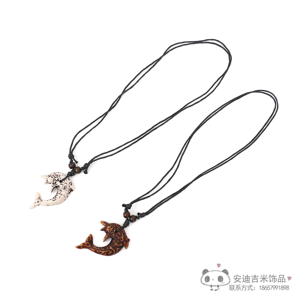 Factory Direct Sales Dolphin Necklace Pendant Men&#039;s Imitation Bone Carving Wooden Bead Hang Rope Scenic Spot Travel Commemorative Ornament Wholesale