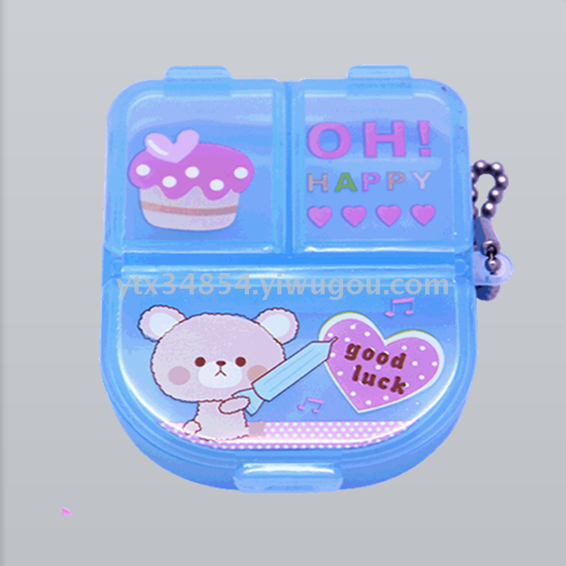 Factory Direct Sales Small Oval 2+1 Cell Pill Box Portable Pill Box Memo Pill Box Cartoon Small Medicine Box Spare Parts Box
