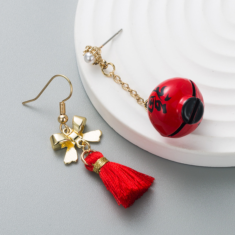 Chinese Style Sterling Silver Needle Alloy Lantern Bell Pearl Tassel Earrings Special-Interest Design Asymmetric New Year Earrings