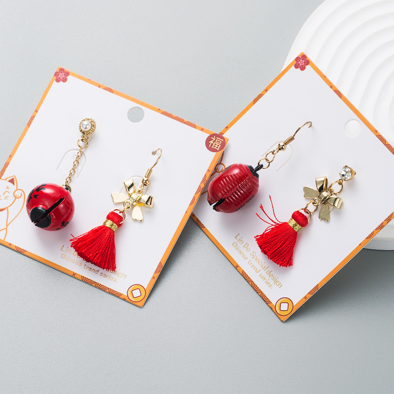 Chinese Style Sterling Silver Needle Alloy Lantern Bell Pearl Tassel Earrings Special-Interest Design Asymmetric New Year Earrings