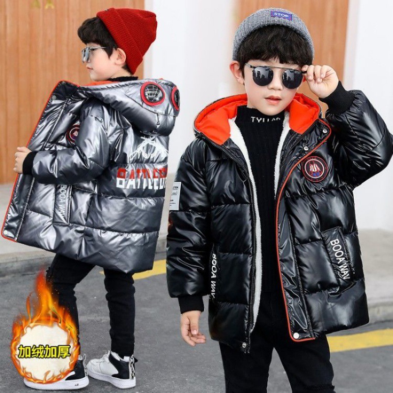 2021 New Boys&#039; Mid-Length Glossy Disposable down Jacket Medium and Big Children Handsome Thick Winter Coat Cotton-Padded Jacket