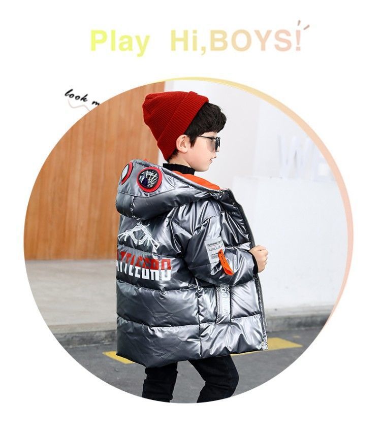 2021 New Boys' Mid-Length Glossy Disposable down Jacket Medium and Big Children Handsome Thick Winter Coat Cotton-Padded Jacket