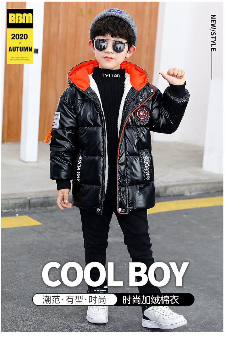 2021 New Boys' Mid-Length Glossy Disposable down Jacket Medium and Big Children Handsome Thick Winter Coat Cotton-Padded Jacket