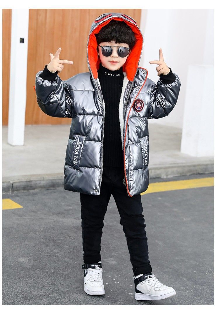 2021 New Boys' Mid-Length Glossy Disposable down Jacket Medium and Big Children Handsome Thick Winter Coat Cotton-Padded Jacket