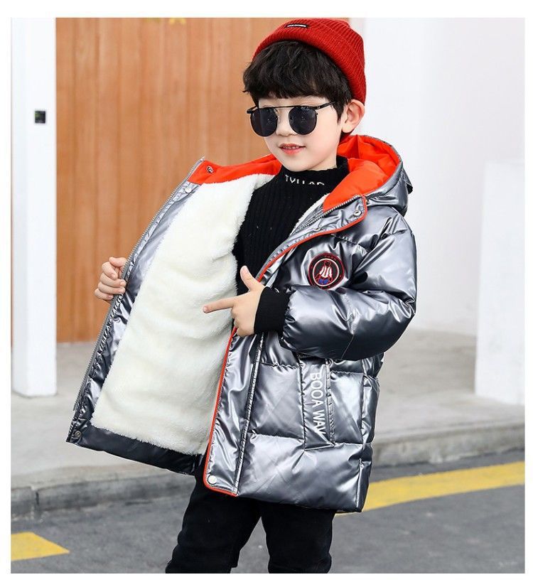 2021 New Boys' Mid-Length Glossy Disposable down Jacket Medium and Big Children Handsome Thick Winter Coat Cotton-Padded Jacket