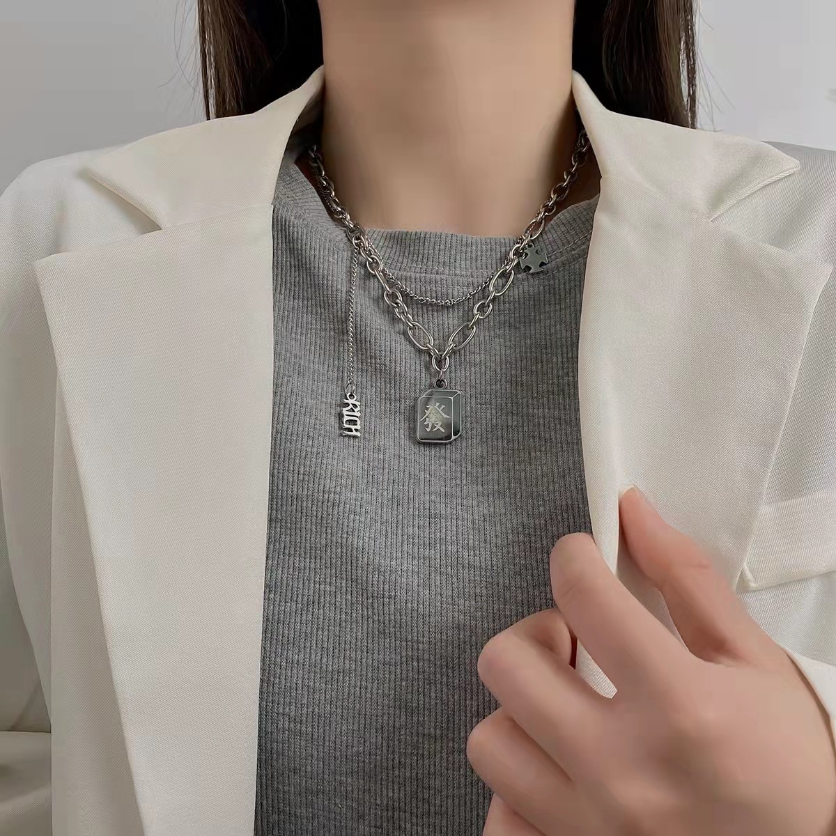 New Ins Style Titanium Steel Square Plate Double Layer Fortune Necklace Hip Hop Clavicle Chain Sweater Chain Sweater Chain Fashion Temperament Female