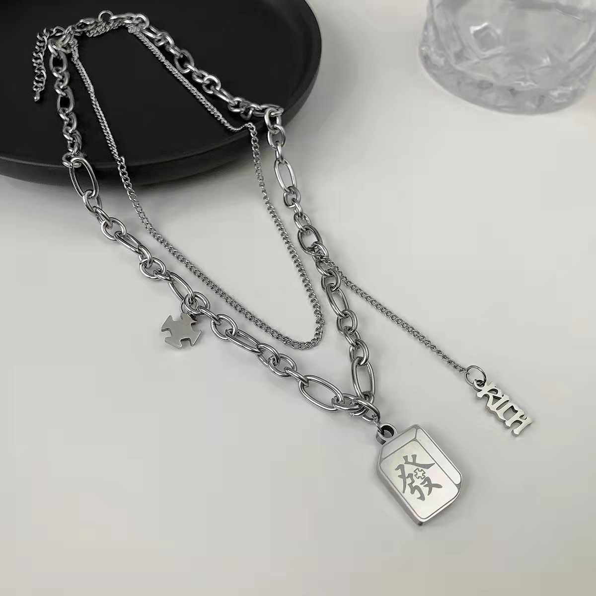 New Ins Style Titanium Steel Square Plate Double Layer Fortune Necklace Hip Hop Clavicle Chain Sweater Chain Sweater Chain Fashion Temperament Female